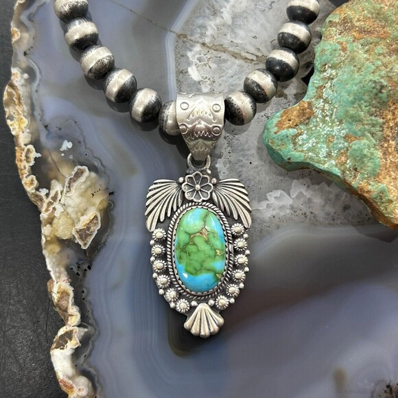 Sterling Southwestern Style Oval Sonora Gold Turquoise Leaves Decorated Pendant - Picture 2 of 10